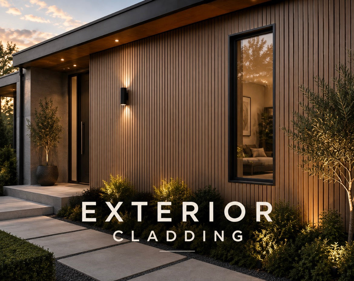 Exterior Cladding - premium dark timber cladding on modern home facade with wall lighting and landscaped entrance at dusk