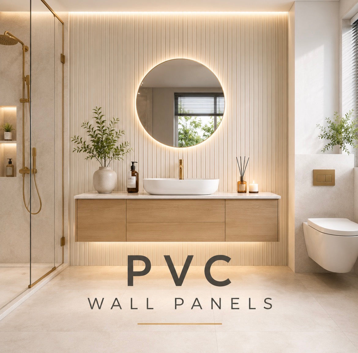 PVC Wall Panels - luxury bathroom with fluted white wall panels, gold fixtures and round backlit mirror