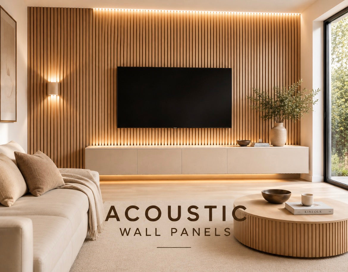 Acoustic Wall Panels - natural oak slatted wall panels in a modern living room with LED backlighting and TV unit