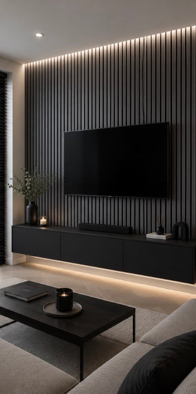 Acoustic Slat Wall Panel - Dark Grey in living room setting