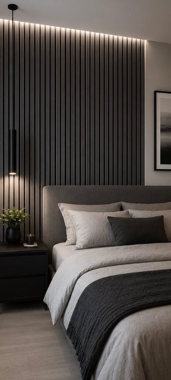 Acoustic Slat Wall Panel - Dark Grey in bedroom setting