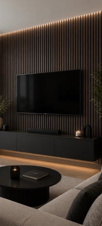 Acoustic Slat Wall Panel - Dark Oak in living room setting