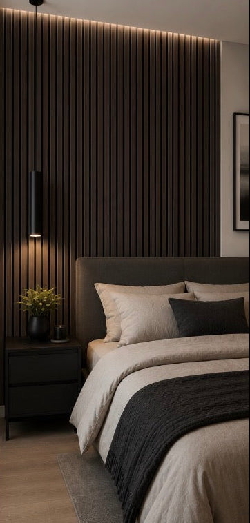 Acoustic Slat Wall Panel - Dark Oak in bedroom setting