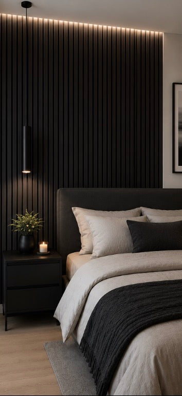 Acoustic Slat Wall Panel - Black in living room setting