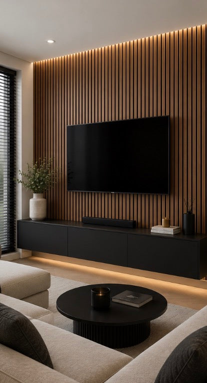 Acoustic Slat Wall Panel - Teak Oak in living room setting