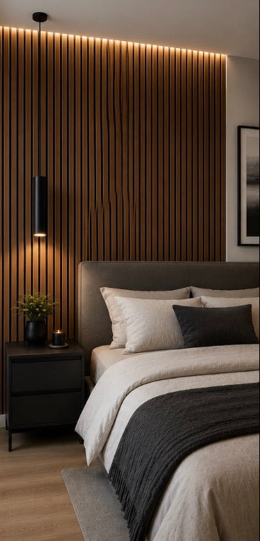 Acoustic Slat Wall Panel - Teak Oak in bedroom setting