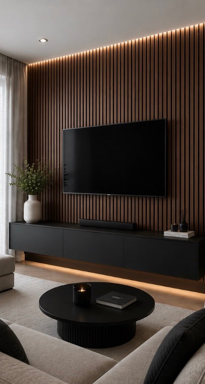 Acoustic Slat Wall Panel - Walnut in living room setting