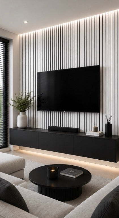 Acoustic Slat Wall Panel - White Marble in bedroom setting