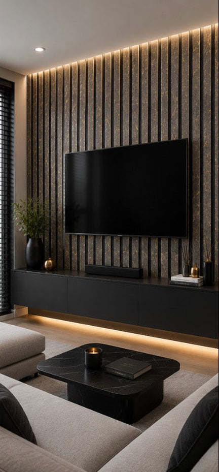 Acoustic Slat Wall Panel - Gold & Black Marble in bedroom setting