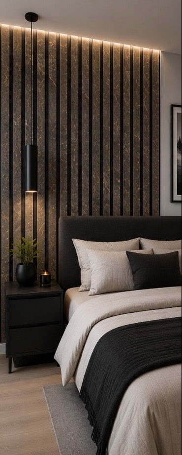 Acoustic Slat Wall Panel - Gold & Black Marble close-up