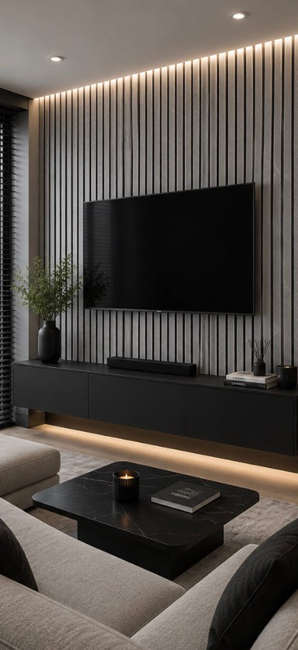Acoustic Slat Wall Panel - Grey Marble in living room setting