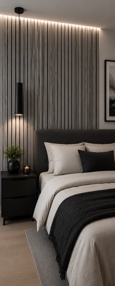 Acoustic Slat Wall Panel - Grey Marble in bedroom setting
