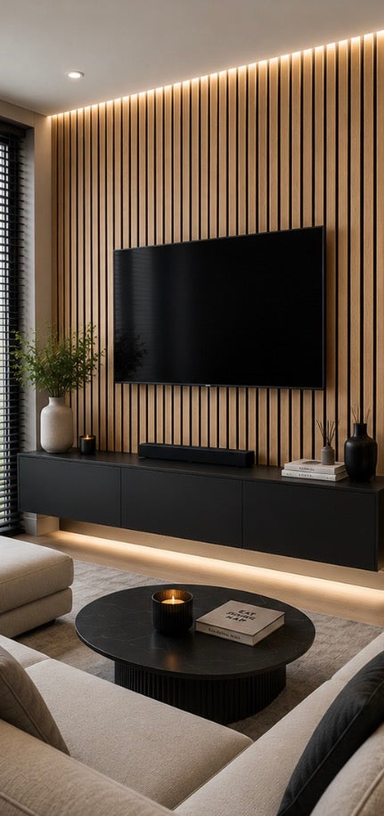 Acoustic Slat Wall Panel - Natural Oak in living room setting