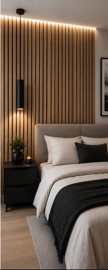 Acoustic Slat Wall Panel - Natural Oak in bedroom setting