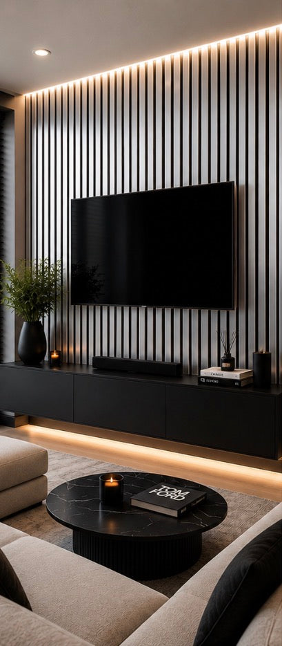 Acoustic Slat Wall Panel - Silver in living room setting