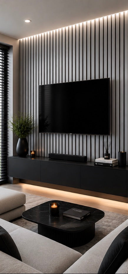 Acoustic Slat Wall Panel - Metallic Light Grey in living room setting