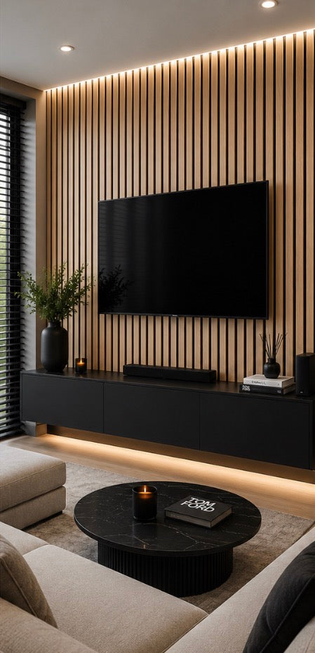 Acoustic Slat Wall Panel - Oak in living room setting