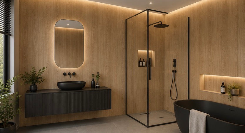 Dark Oak PVC Wall Panel in bathroom setting