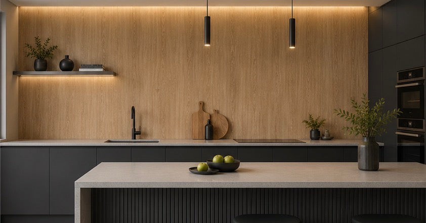 Dark Oak PVC Wall Panel in kitchen setting