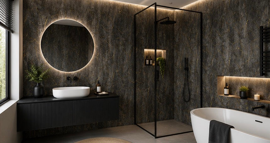 Gold and Black Marble PVC Wall Panel in luxury bathroom