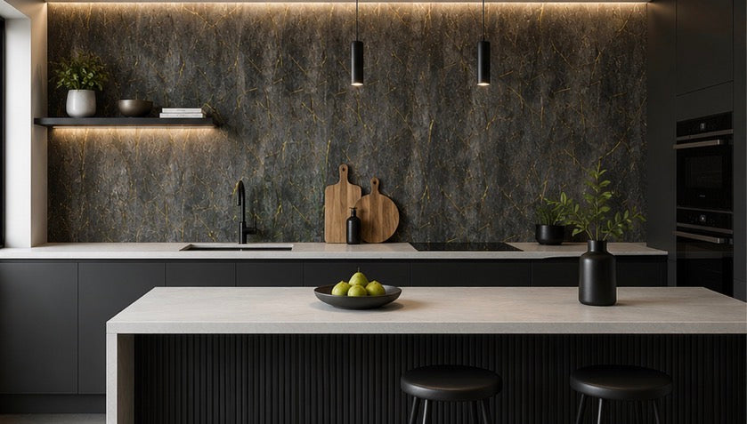 Gold and Black Marble PVC Wall Panel in modern kitchen