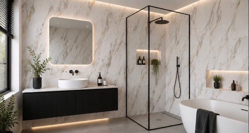 Gold and White Marble PVC Wall Panel in luxury bathroom