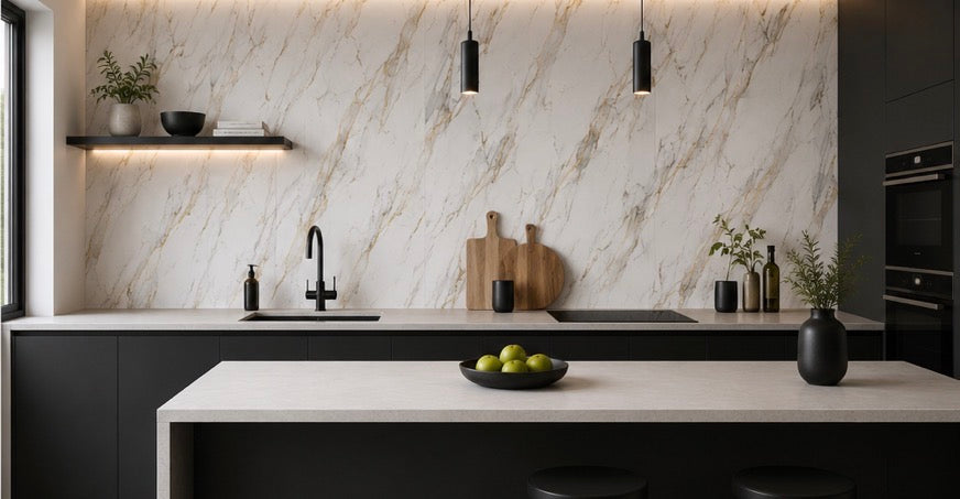 Gold and White Marble PVC Wall Panel in modern kitchen