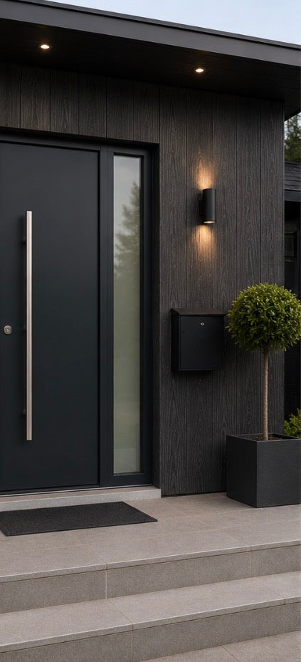 Black composite exterior cladding installed