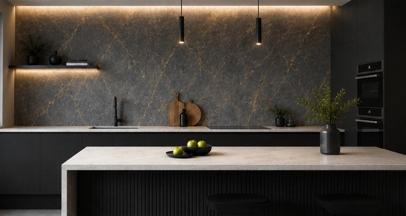 Gold & Grey Marble PVC Wall Panel - kitchen installation