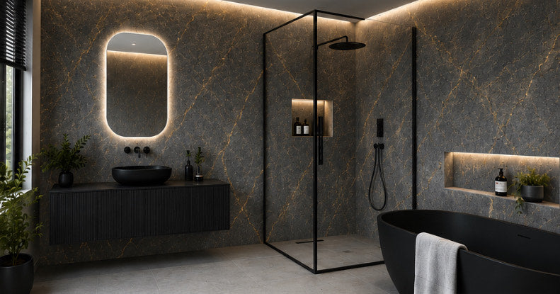 Gold & Grey Marble PVC Wall Panel - bathroom installation
