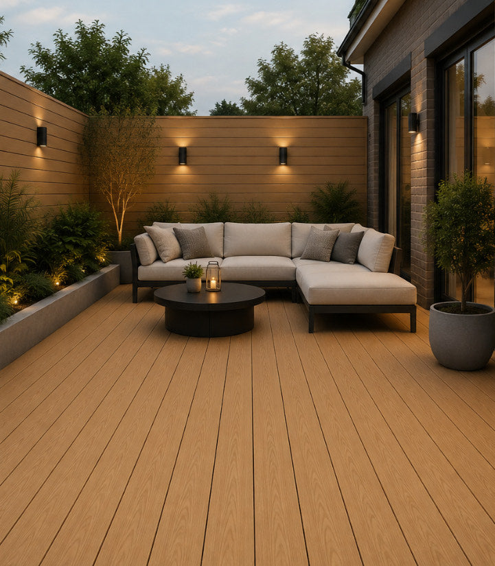 Oak 03 composite decking board installed on outdoor patio
