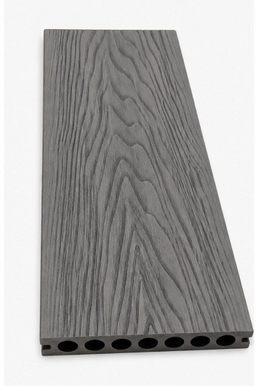 Grey composite decking board close-up showing wood grain texture