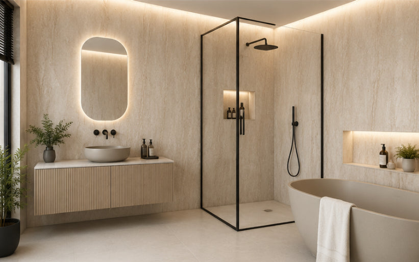 Cream PVC Wall Panel in a modern bathroom setting